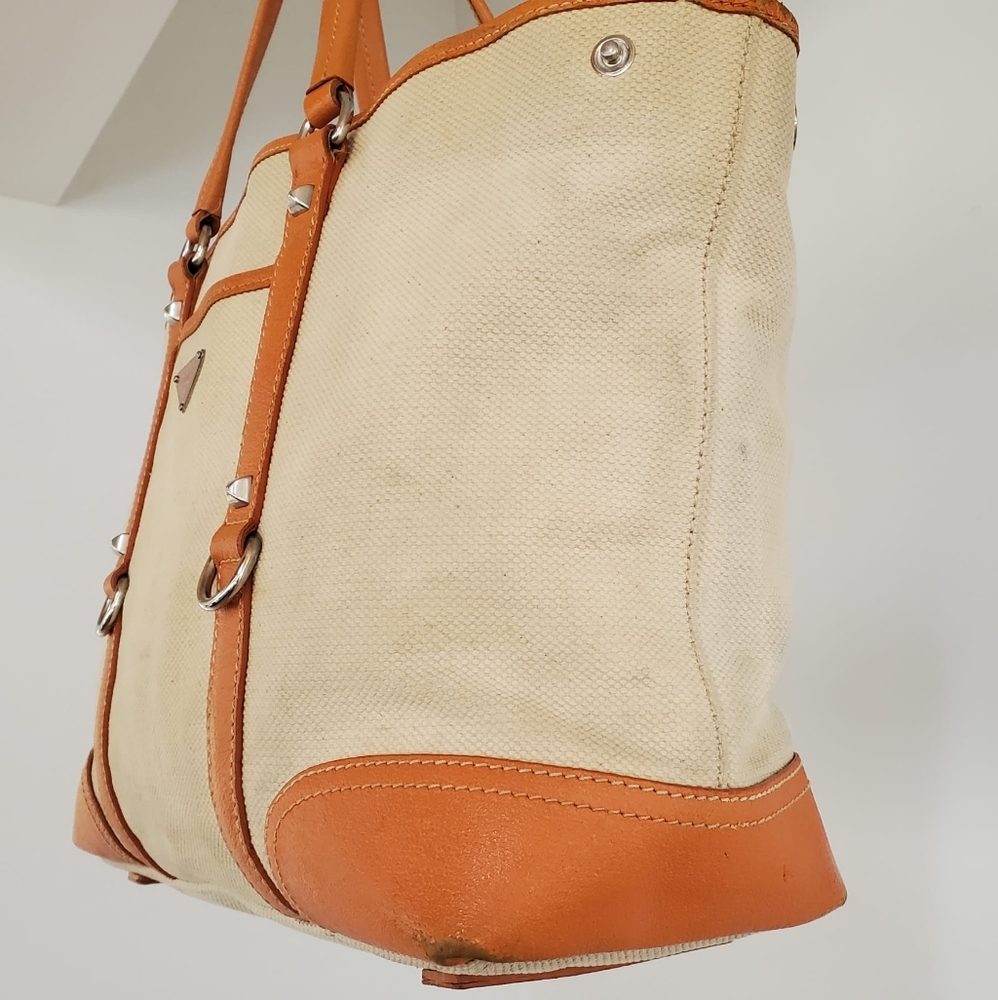 Prada Beige Canvas and Orange Leather TrimTote Bag - Picture 6 of 16
